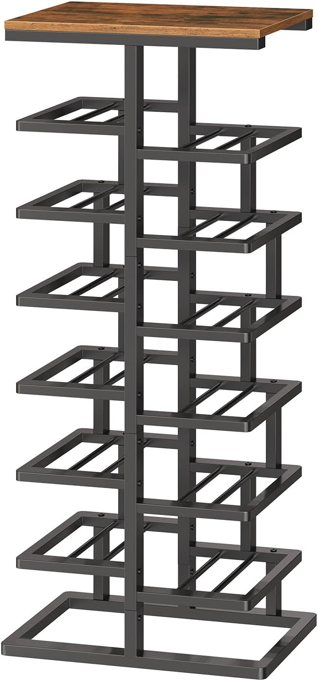 HOOBRO 8-Tier Shoe Rack, Entryway Shoe Organiser, Tall Shoe Storage with Metal Frame, Space-Saving Shoe Stand for Hallway, Bedroom, Living Room, Rustic Brown and Black EBF19XJ01