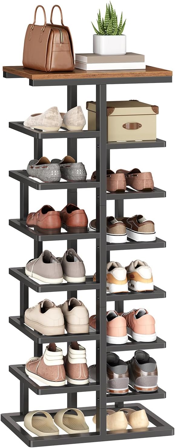HOOBRO 8-Tier Shoe Rack, Entryway Shoe Organiser, Tall Shoe Storage with Metal Frame, Space-Saving Shoe Stand for Hallway, Bedroom, Living Room, Rustic Brown and Black EBF19XJ01