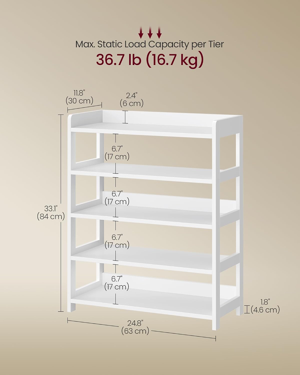 VASAGLE 5-Tier Shoe Rack, Open Shoe Storage with Top Tray