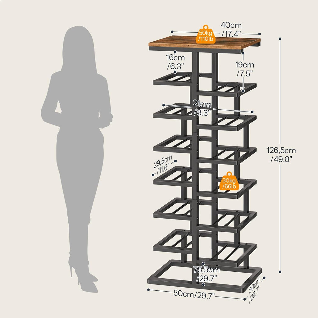 HOOBRO 8-Tier Shoe Rack, Entryway Shoe Organiser, Tall Shoe Storage with Metal Frame, Space-Saving Shoe Stand for Hallway, Bedroom, Living Room, Rustic Brown and Black EBF19XJ01