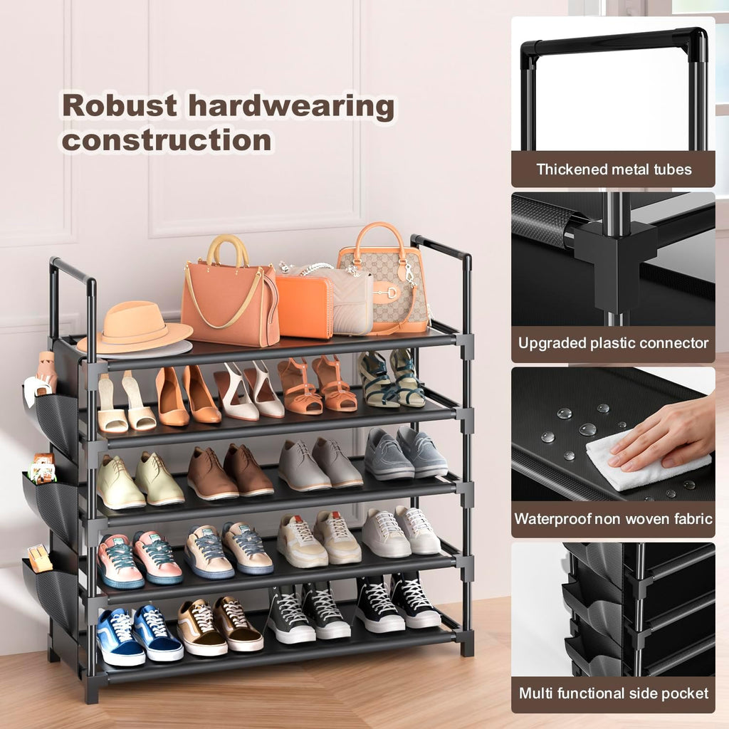 OYREL Shoe Rack 5 Tier 20-25 Pairs Shoes, Large Shoe Storage with Side Bag