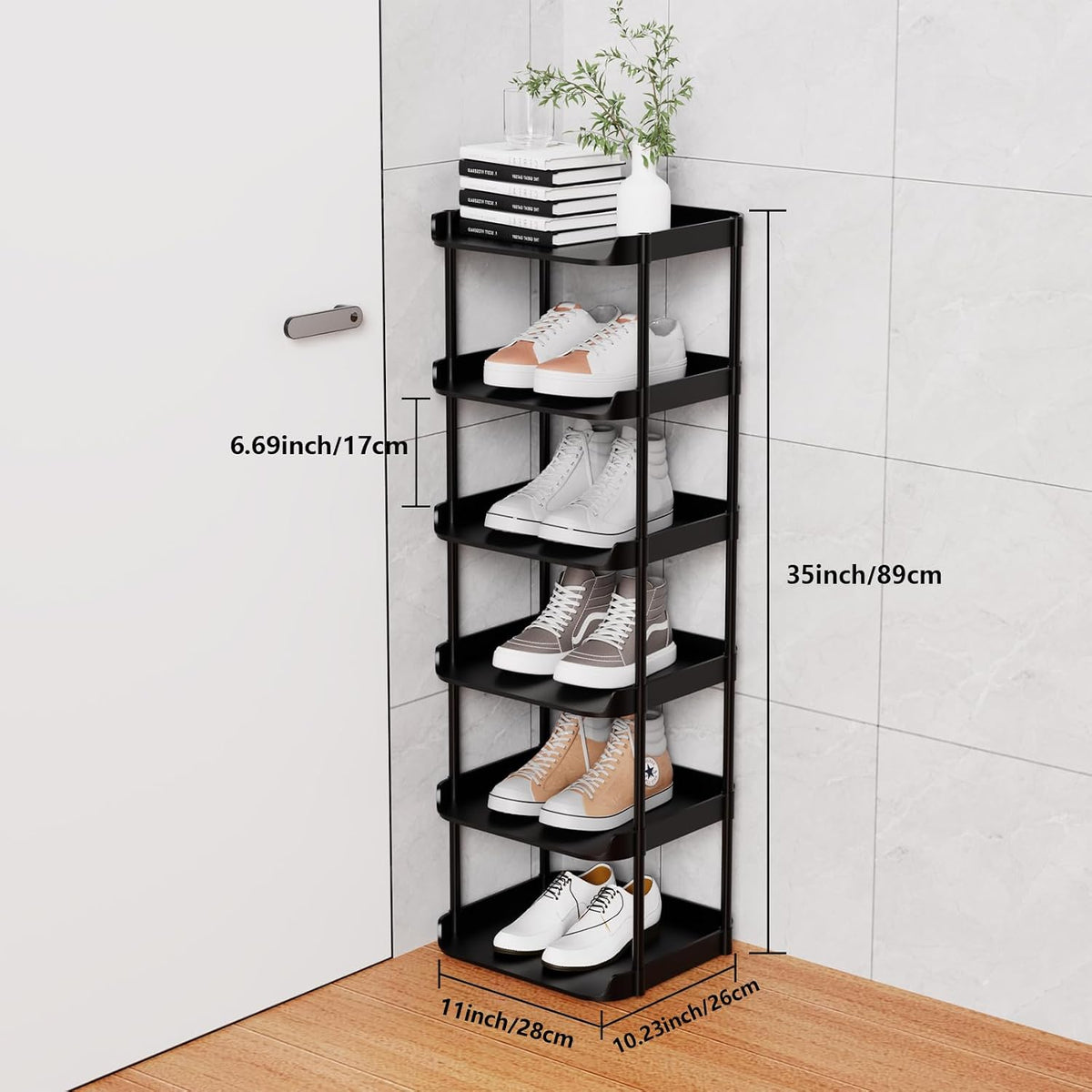 6 tier Narrow Shoe Storage Rack, Compact Single Shoerack Stand for Slim Space, Stackable Tall Thin Show Tower, Vertical Plastic Shelves, for Hallways, Kitchens, Bedrooms Tidy Organizer, Black