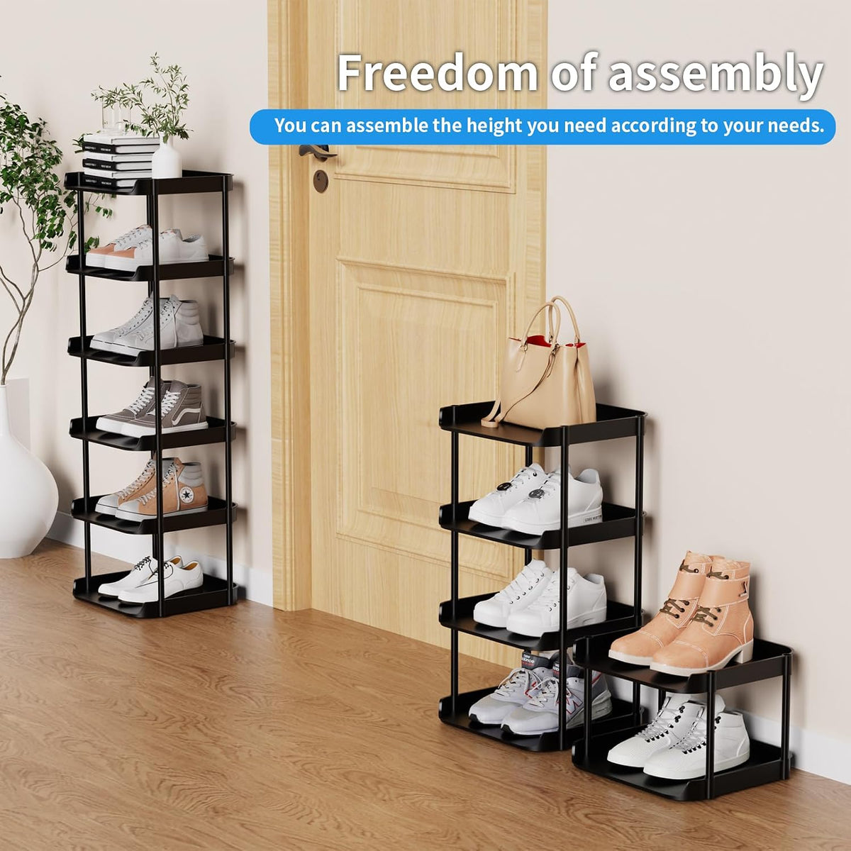 6 tier Narrow Shoe Storage Rack, Compact Single Shoerack Stand for Slim Space, Stackable Tall Thin Show Tower, Vertical Plastic Shelves, for Hallways, Kitchens, Bedrooms Tidy Organizer, Black