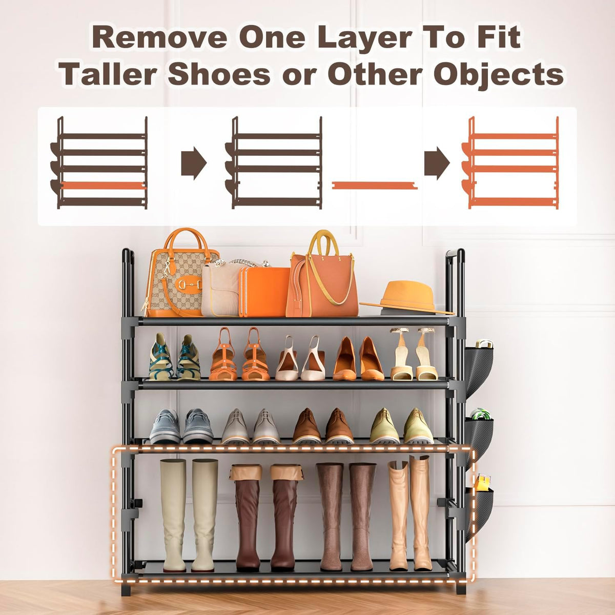OYREL Shoe Rack 5 Tier 20-25 Pairs Shoes, Large Shoe Storage with Side Bag