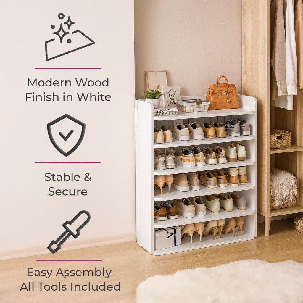 Neo White 6 Tier Wooden Shoe Rack Space-Saving Cabinet Organiser Shelving Storage Shelf for Entryway Hallway Closet Bedroom