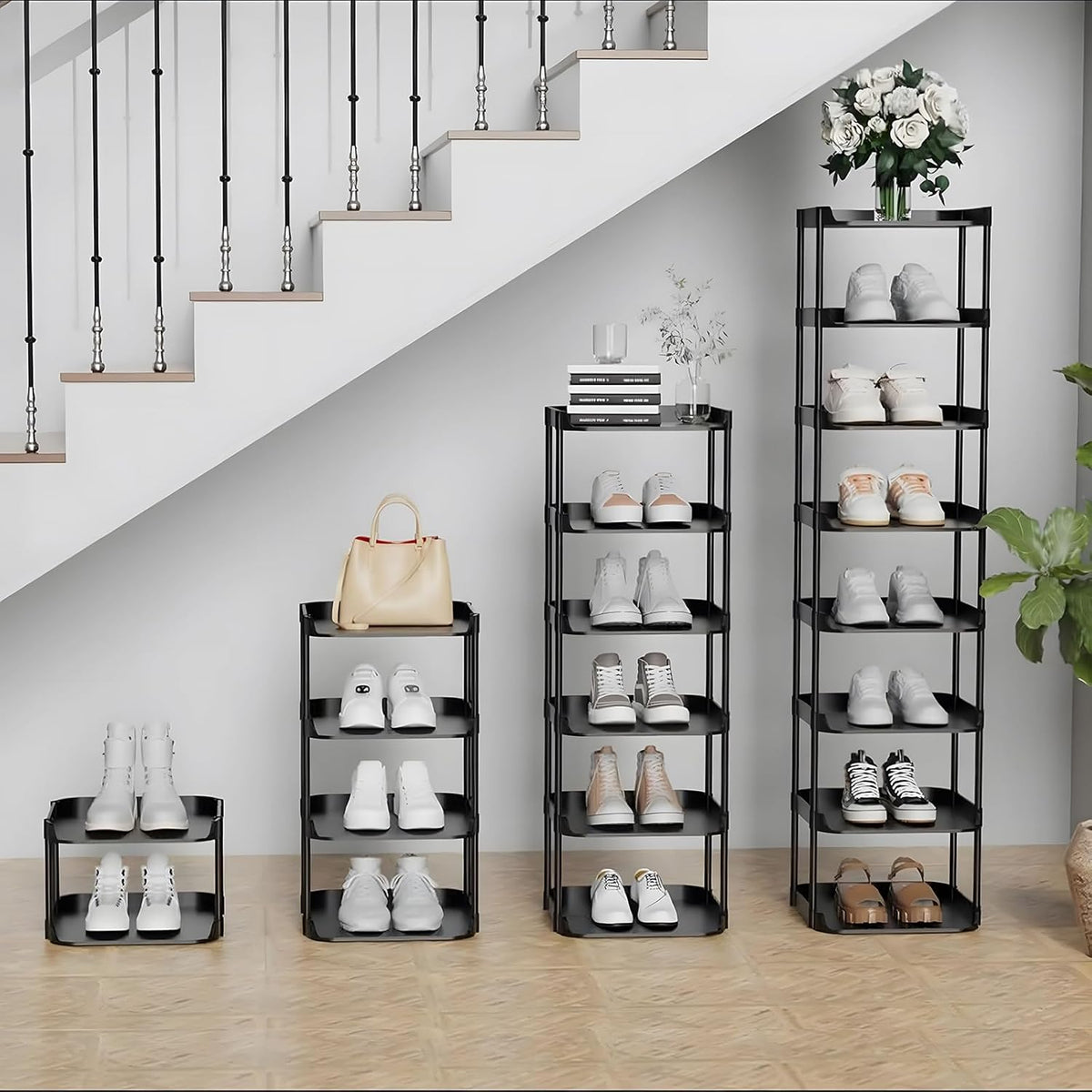 6 tier Narrow Shoe Storage Rack, Compact Single Shoerack Stand for Slim Space, Stackable Tall Thin Show Tower, Vertical Plastic Shelves, for Hallways, Kitchens, Bedrooms Tidy Organizer, Black