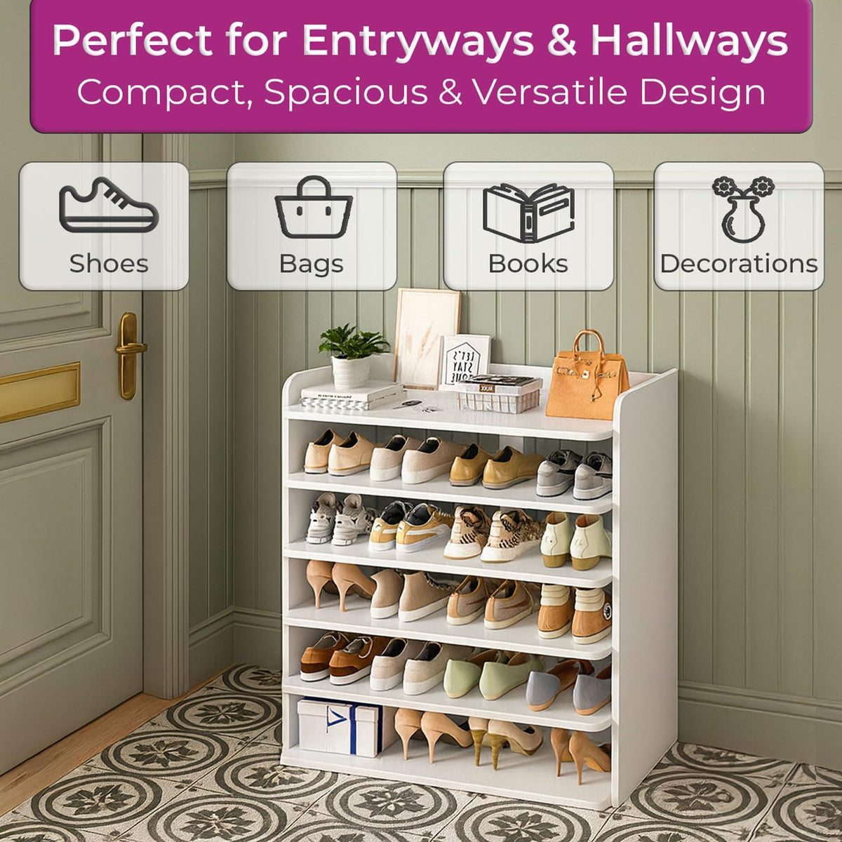 Neo White 6 Tier Wooden Shoe Rack Space-Saving Cabinet Organiser Shelving Storage Shelf for Entryway Hallway Closet Bedroom