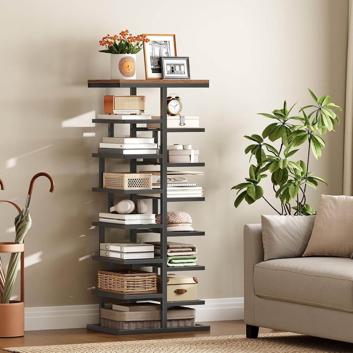 HOOBRO 8-Tier Shoe Rack, Entryway Shoe Organiser, Tall Shoe Storage with Metal Frame, Space-Saving Shoe Stand for Hallway, Bedroom, Living Room, Rustic Brown and Black EBF19XJ01