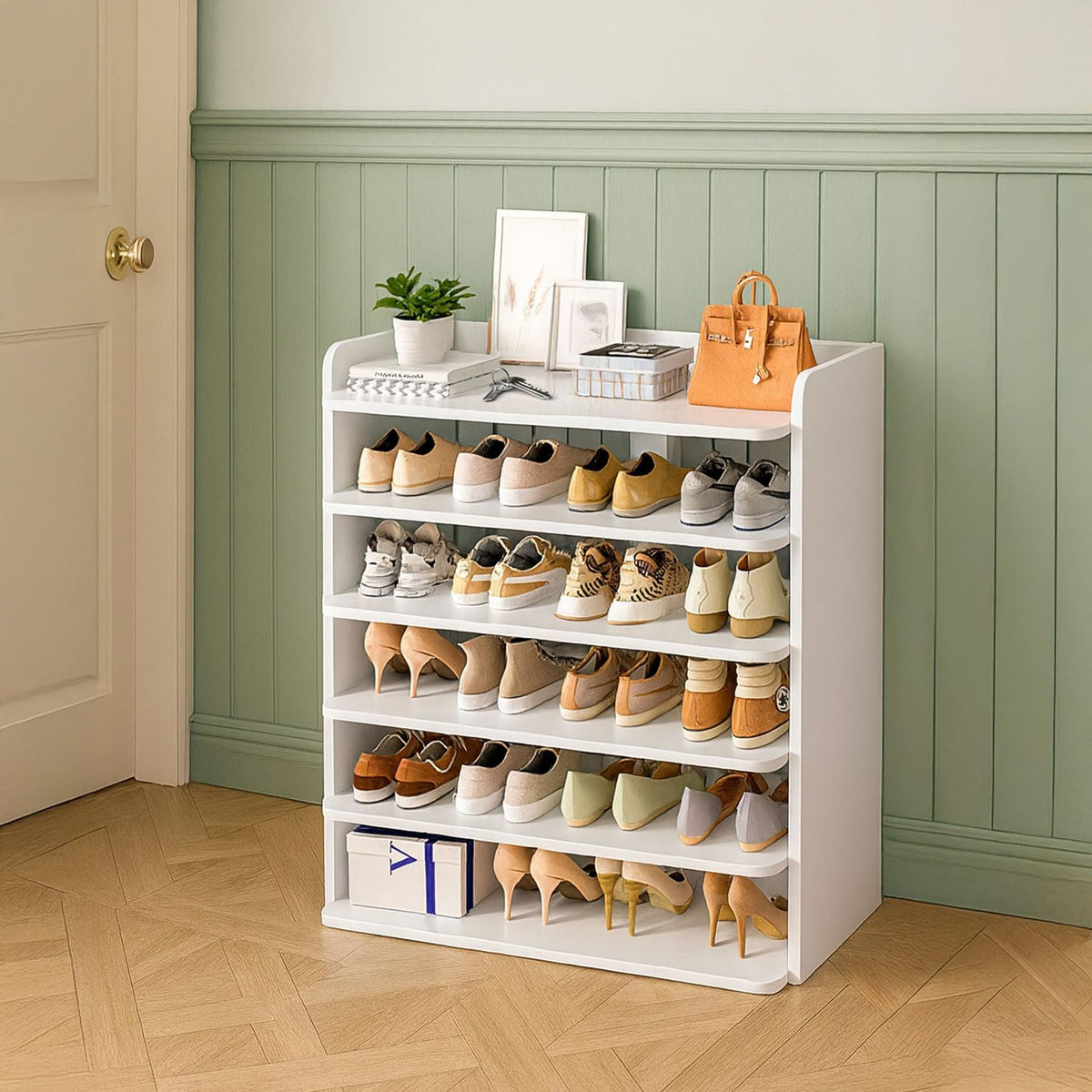 Neo White 6 Tier Wooden Shoe Rack Space-Saving Cabinet Organiser Shelving Storage Shelf for Entryway Hallway Closet Bedroom