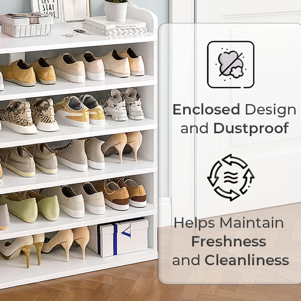 Neo White 6 Tier Wooden Shoe Rack Space-Saving Cabinet Organiser Shelving Storage Shelf for Entryway Hallway Closet Bedroom