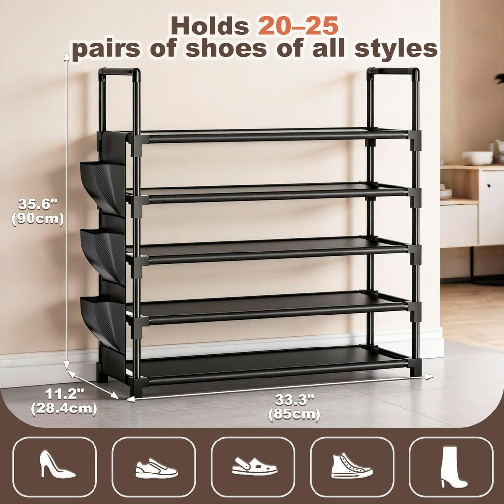 OYREL Shoe Rack 5 Tier 20-25 Pairs Shoes, Large Shoe Storage with Side Bag