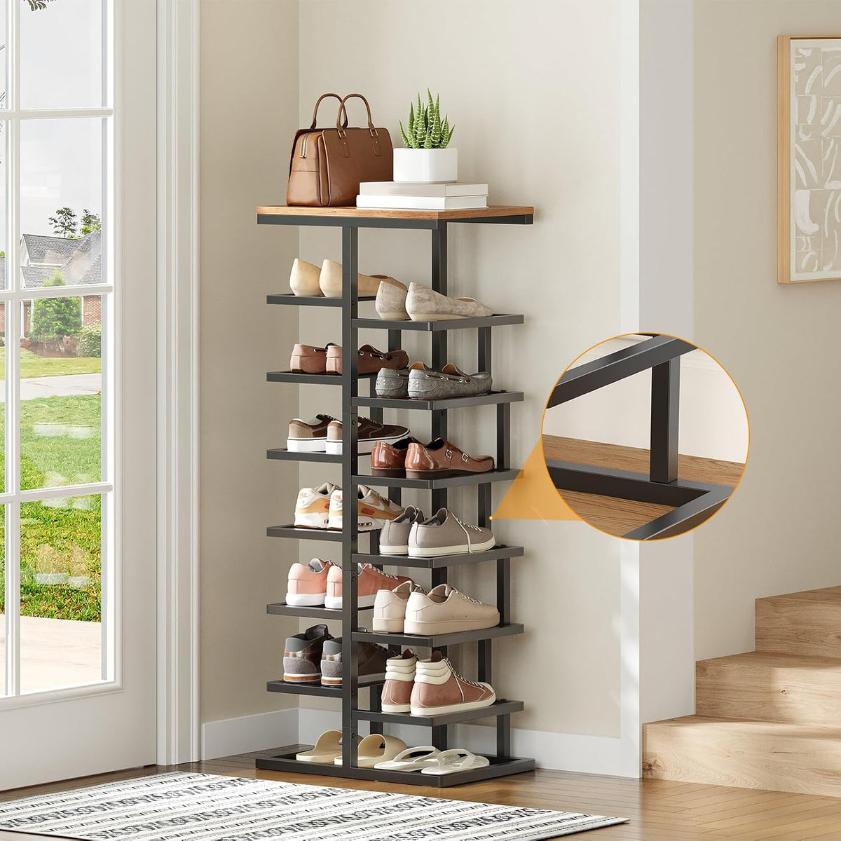 HOOBRO 8-Tier Shoe Rack, Entryway Shoe Organiser, Tall Shoe Storage with Metal Frame, Space-Saving Shoe Stand for Hallway, Bedroom, Living Room, Rustic Brown and Black EBF19XJ01