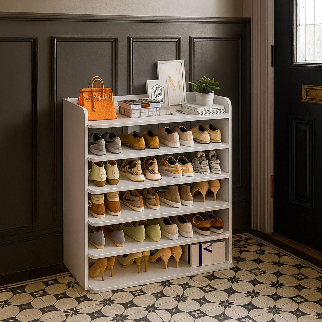 Neo White 6 Tier Wooden Shoe Rack Space-Saving Cabinet Organiser Shelving Storage Shelf for Entryway Hallway Closet Bedroom
