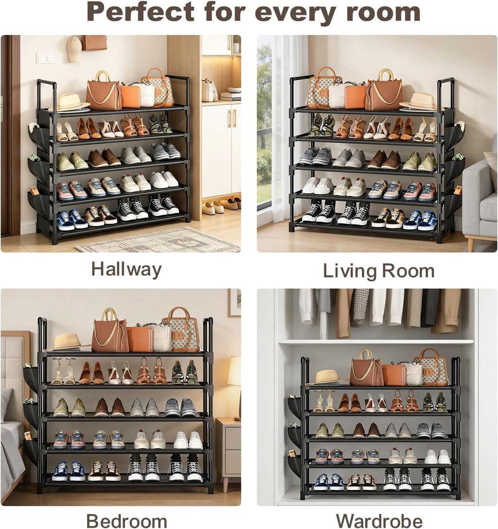 OYREL Shoe Rack 5 Tier 20-25 Pairs Shoes, Large Shoe Storage with Side Bag