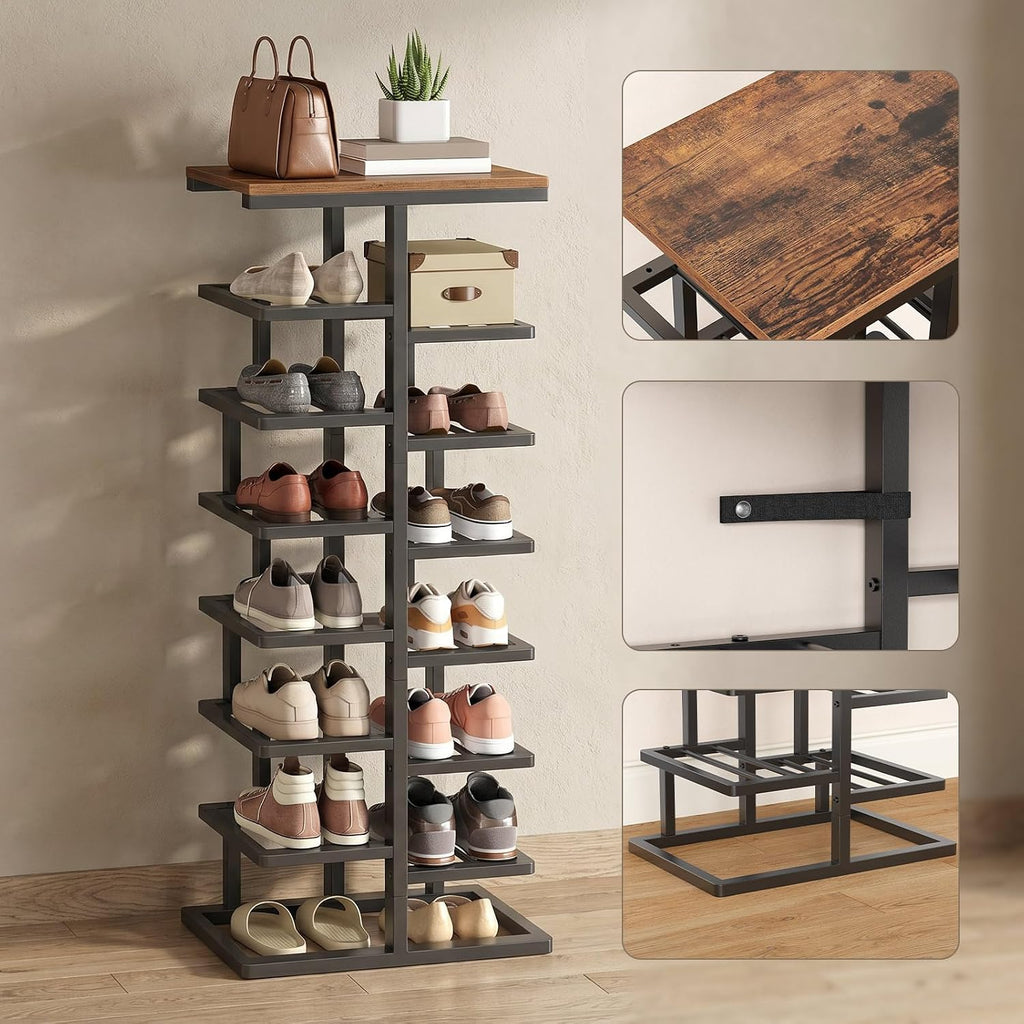 HOOBRO 8-Tier Shoe Rack, Entryway Shoe Organiser, Tall Shoe Storage with Metal Frame, Space-Saving Shoe Stand for Hallway, Bedroom, Living Room, Rustic Brown and Black EBF19XJ01