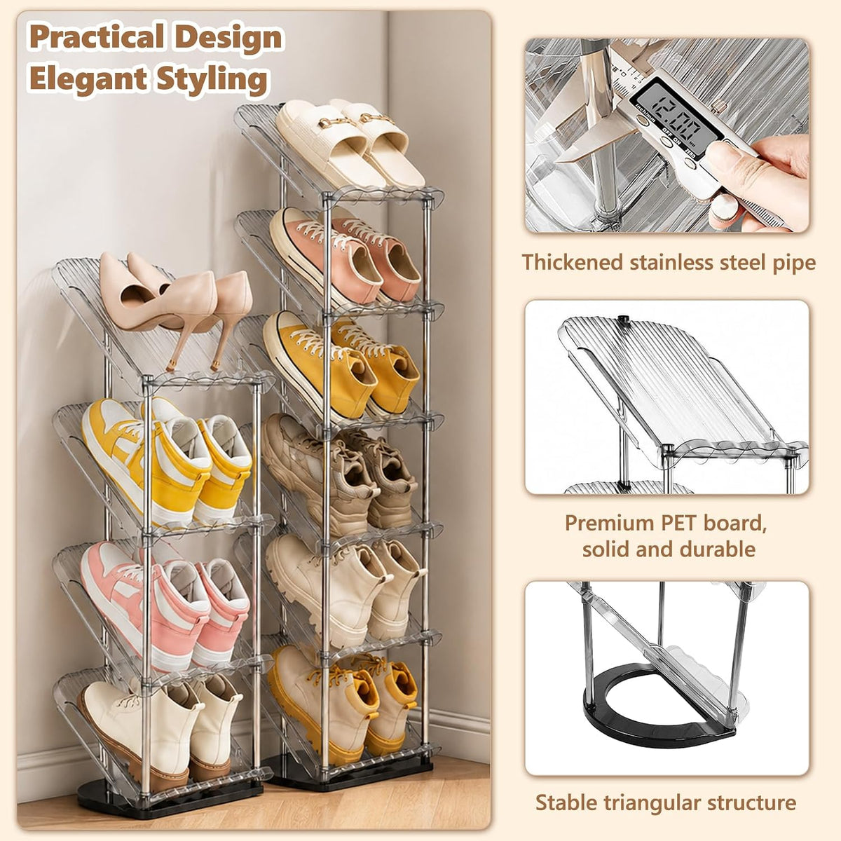 Slanted Narrow Shoe Rack 5 Tiers, Slim Depth Vertical Shoe Shelf - 1 Pack