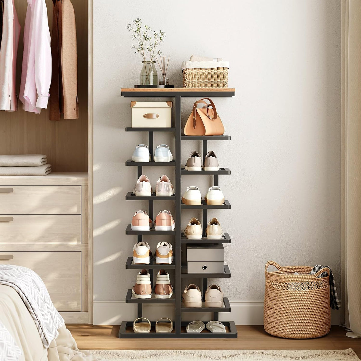 HOOBRO 8-Tier Shoe Rack, Entryway Shoe Organiser, Tall Shoe Storage with Metal Frame, Space-Saving Shoe Stand for Hallway, Bedroom, Living Room, Rustic Brown and Black EBF19XJ01